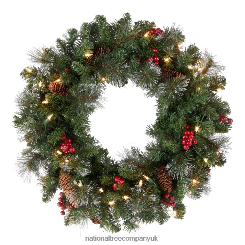 Greenery | National Tree Company Pre-Lit Artificial Christmas Wreath Green Crestwood Spruce White Lights Plug-In Decorated with Pine Cones Berry Clusters Christmas Collection 24 Inches F2L4F22